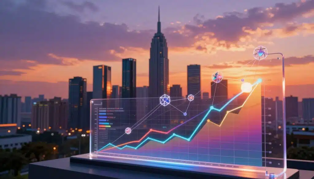 A visually compelling representation of blockchain transaction volumes. In the foreground, a transparent digital display depicts animated graphs and charts illustrating rising transaction trends with vibrant colors. In the middle ground, a sleek, modern city skyline represents technological advancement, with abstract blockchain nodes interconnected by glowing lines symbolizing data flow. The background features a captivating sunset with warm oranges and purples creating an inspiring atmosphere, highlighting the potential for growth in cryptocurrency adoption. Soft lens flares convey optimism and innovation. The scene captures a sense of connectivity and progress, enhancing the importance of scalability solutions for mainstream blockchain adoption.