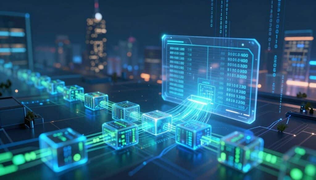 A visually dynamic depiction of a blockchain transaction in a digital landscape. In the foreground, an animated flow of digital data streams resembling blocks linked together, pulsating with vibrant blue and green lights, symbolizing the transaction process. In the middle ground, a stylized digital ledger appears with transparent 3D elements displaying transaction details, such as timestamps and hash values, conveying the transparency of blockchain technology. The background features a futuristic city skyline with glowing circuits and binary code integration, highlighting the technological environment. Soft, ethereal lighting creates a professional and innovative atmosphere, while a slight lens flare adds depth. The overall composition is focused and structured, reflecting complexity and clarity in the workings of blockchain transactions. A visually dynamic depiction of a blockchain transaction in a digital landscape. In the foreground, an animated flow of digital data streams resembling blocks linked together, pulsating with vibrant blue and green lights, symbolizing the transaction process. In the middle ground, a stylized digital ledger appears with transparent 3D elements displaying transaction details, such as timestamps and hash values, conveying the transparency of blockchain technology. The background features a futuristic city skyline with glowing circuits and binary code integration, highlighting the technological environment. Soft, ethereal lighting creates a professional and innovative atmosphere, while a slight lens flare adds depth. The overall composition is focused and structured, reflecting complexity and clarity in the workings of blockchain transactions.