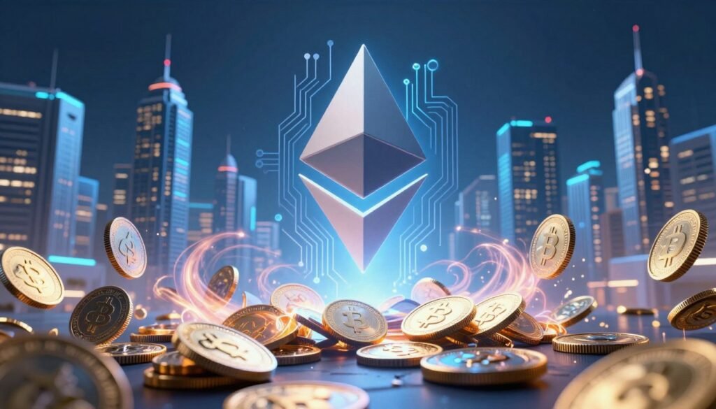 A visually engaging and informative composition depicting the concept of gas fees in the context of NFT transactions. Foreground: An abstract representation of digital currency in the form of vibrant, floating coins or tokens, encapsulated in swirling energy. Middle: A stylized Ethereum logo, etched with interwoven circuit patterns, symbolizing the blockchain technology supporting NFTs. Background: A city skyline made of futuristic skyscrapers, illuminated by a soft, bluish glow, evoking a sense of digital advancement. Use dramatic lighting to create a contrast between the foreground and background, highlighting the coins’ glossy surfaces. The atmosphere should convey a sense of urgency and importance, illustrating the complexity and necessity of gas fees within the NFT marketplace. Use a wide-angle lens perspective to capture the expansive scene.