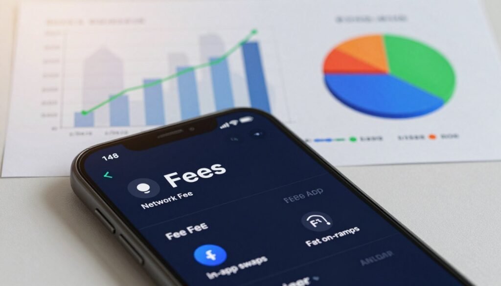 A visually engaging and informative depiction of fees and costs related to cryptocurrency transactions. In the foreground, display a digital wallet interface showcasing various fees, with icons for network fees, in-app swaps, and fiat on-ramps. In the middle ground, feature transparent graphs and pie charts indicating different cost breakdowns with vibrant colors. In the background, subtly illustrate a futuristic cityscape to convey modern finance. Use natural, soft lighting to create a professional and polished atmosphere. The angle should be slightly elevated, giving a clear overview of the wallet interface while ensuring all elements are easy to comprehend. The mood should feel efficient and tech-savvy, emphasizing the ease of exploring fees in a secure digital environment.
