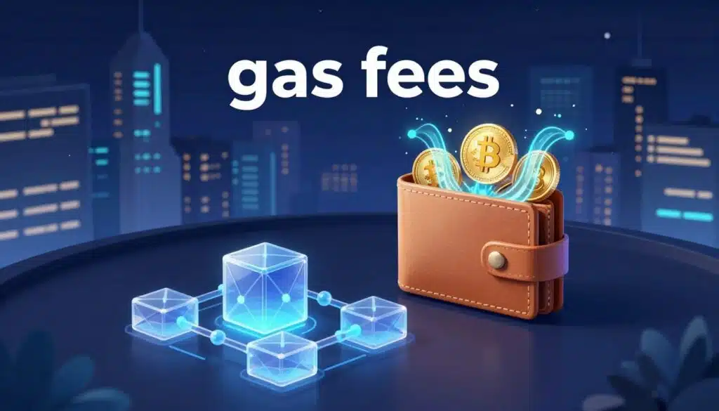 A visually engaging and informative illustration depicting the concept of "gas fees" in the NFT realm. In the foreground, show a stylized, transparent blockchain diagram with blocks and chains symbolizing transactions. In the middle ground, depict a digital wallet overflowing with cryptocurrency coins and energy waves representing the dynamic nature of gas fees. The background features a city skyline, illuminated in a futuristic neon glow, symbolizing the digital economy. Utilize soft, ambient lighting to create a calm yet stimulating atmosphere, emphasizing the importance of these fees in trading. The angle should give a slight bird’s-eye view, enhancing the feeling of depth. Ensure a crisp focus on the elements to convey clarity and understanding of the topic. A visually engaging and informative illustration depicting the concept of "gas fees" in the NFT realm. In the foreground, show a stylized, transparent blockchain diagram with blocks and chains symbolizing transactions. In the middle ground, depict a digital wallet overflowing with cryptocurrency coins and energy waves representing the dynamic nature of gas fees. The background features a city skyline, illuminated in a futuristic neon glow, symbolizing the digital economy. Utilize soft, ambient lighting to create a calm yet stimulating atmosphere, emphasizing the importance of these fees in trading. The angle should give a slight bird’s-eye view, enhancing the feeling of depth. Ensure a crisp focus on the elements to convey clarity and understanding of the topic.