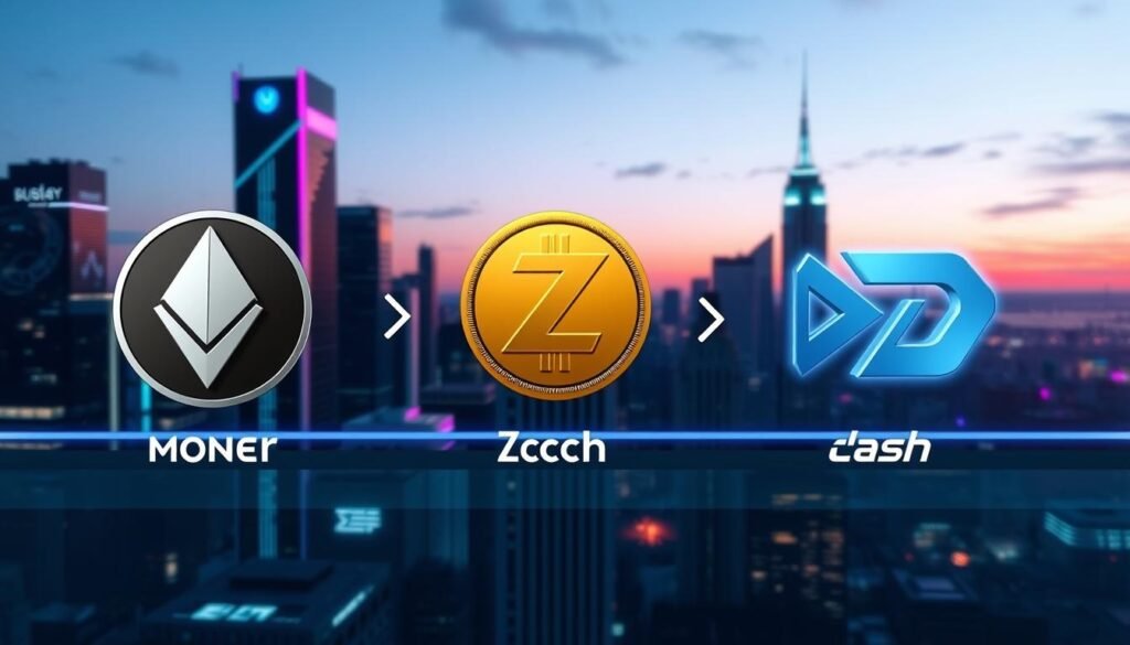 A visually engaging comparison of three privacy coins: Monero, Zcash, and Dash, designed as a sleek, digital infographic. In the foreground, depict stylized representations of each coin; Monero as a dark, mysterious emblem, Zcash with a shiny, golden hue, and Dash as a bold, cutting-edge symbol. In the middle, include symbols of privacy, such as locks and shields subtly integrated around each coin imagery. The background features a high-tech city skyline at dusk, illuminated with blue and purple neon lights, creating a futuristic atmosphere. Use soft lighting to enhance the glow of the coins, while maintaining a sense of clarity and professionalism. A wide angle view gives an expansive feel, inviting viewers to compare the three privacy coins at a glance. A visually engaging comparison of three privacy coins: Monero, Zcash, and Dash, designed as a sleek, digital infographic. In the foreground, depict stylized representations of each coin; Monero as a dark, mysterious emblem, Zcash with a shiny, golden hue, and Dash as a bold, cutting-edge symbol. In the middle, include symbols of privacy, such as locks and shields subtly integrated around each coin imagery. The background features a high-tech city skyline at dusk, illuminated with blue and purple neon lights, creating a futuristic atmosphere. Use soft lighting to enhance the glow of the coins, while maintaining a sense of clarity and professionalism. A wide angle view gives an expansive feel, inviting viewers to compare the three privacy coins at a glance.