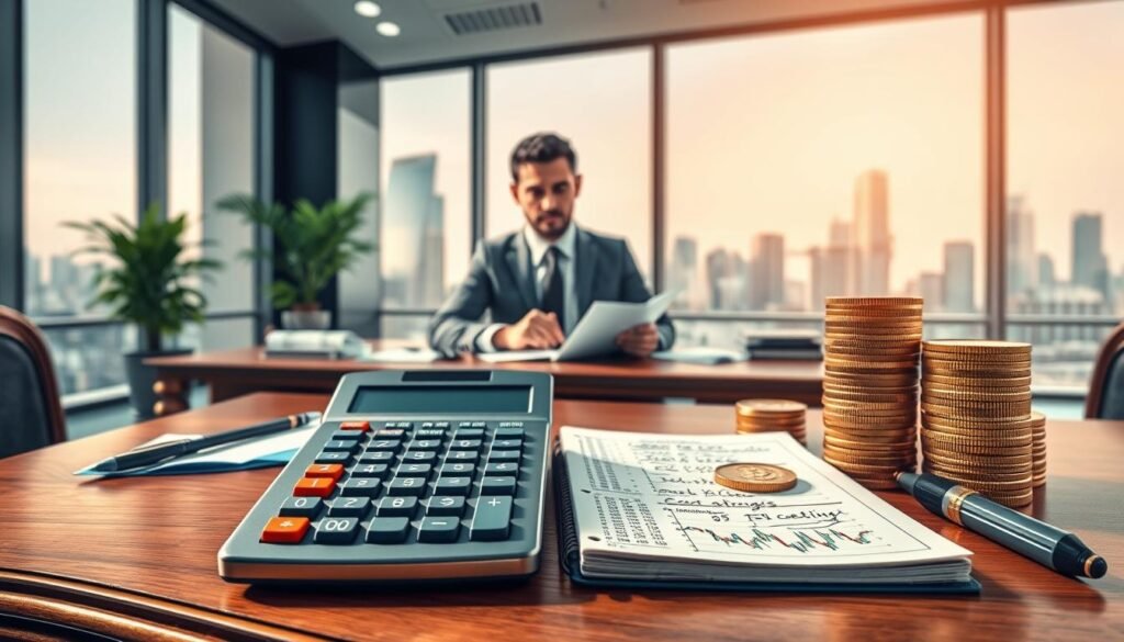 A visually engaging illustration depicting the concept of "cost basis" in the context of calculating crypto capital gains. In the foreground, an elegant wooden desk holds a financial calculator, stacks of colorful cryptocurrency coins, and a detailed notebook with handwritten notes on calculations. The middle ground features a confident professional in business attire, focused on the task, surrounded by charts and graphs showing market trends. In the background, a soft-lit modern office space with large windows showcases a city skyline, emphasizing a mood of productivity and financial acumen. The lighting is warm and inviting, highlighting the details of the calculator and the coins. The angle is slightly elevated, capturing both the desk and the skyline, creating a balanced, informative atmosphere.