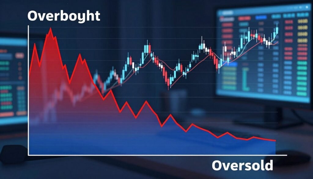 A visually engaging illustration depicting the concept of "overbought" and "oversold" levels in trading, specifically for the RSI indicator. In the foreground, two distinct graphs: one showing a heavily peaked line in red labeled "Overbought" and another dipping low in blue labeled "Oversold." In the middle ground, a stylized candlestick chart illustrates fluctuating market trends alongside the RSI line, providing contextual depth. The background features a digital trading environment with softly glowing screens displaying cryptocurrency symbols and market data. Use a cool color palette to evoke a sense of technology and finance. Soft, focused lighting emphasizes the graphs, while a slightly blurred background adds depth, creating an atmosphere of analytical clarity and professional insight.