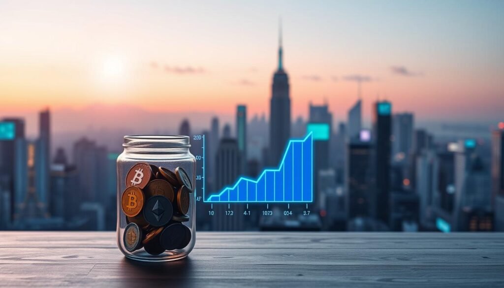 A visually engaging illustration of cryptocurrency supply metrics. In the foreground, a set of three clear glass containers labeled "Circulating Supply," "Total Supply," and "Max Supply," with colorful cryptocurrencies like Bitcoin and Ethereum inside, each container filled to different levels. The middle section features a stylized digital chart showing rising and falling values, symbolizing market dynamics, with neon blue and green colors. In the background, a futuristic cityscape with digital screens displaying cryptocurrency trends, subtly illuminated under a twilight sky. The lighting is soft and focused, creating a professional atmosphere, with a slight lens flare effect to add depth. The overall mood is dynamic and informative, aimed at beginners exploring cryptocurrency concepts.