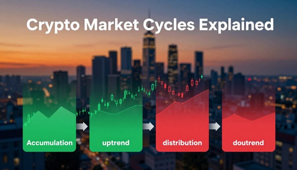 A visually engaging illustration of the "Crypto Market Cycles Explained," showcasing the four phases of a market cycle: accumulation, uptrend, distribution, and downtrend. In the foreground, a clean, professional infographic with distinct sections for each phase, using rich colors like green for growth and red for decline, interconnected with arrows. The middle layer features abstract graphics representing market charts, with candlestick patterns suggesting movement. In the background, a soft-focus city skyline at dusk symbolizing the global crypto market atmosphere, bathed in warm tones with a gradient sky transitioning from orange to deep blue. The scene conveys a sense of growth and intrigue, illuminated by gentle, directional lighting highlighting key elements. The overall mood is informative yet inspiring, tailored for beginners in the cryptocurrency world. A visually engaging illustration of the "Crypto Market Cycles Explained," showcasing the four phases of a market cycle: accumulation, uptrend, distribution, and downtrend. In the foreground, a clean, professional infographic with distinct sections for each phase, using rich colors like green for growth and red for decline, interconnected with arrows. The middle layer features abstract graphics representing market charts, with candlestick patterns suggesting movement. In the background, a soft-focus city skyline at dusk symbolizing the global crypto market atmosphere, bathed in warm tones with a gradient sky transitioning from orange to deep blue. The scene conveys a sense of growth and intrigue, illuminated by gentle, directional lighting highlighting key elements. The overall mood is informative yet inspiring, tailored for beginners in the cryptocurrency world.