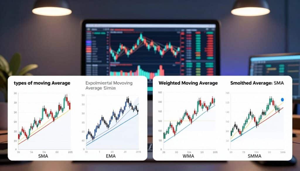 A visually engaging illustration showcasing the concept of "types of moving averages" in cryptocurrency trading. In the foreground, display four distinct types of moving averages: Simple Moving Average (SMA), Exponential Moving Average (EMA), Weighted Moving Average (WMA), and Smoothed Moving Average (SMMA). Each type is represented by unique line graphs overlaying candlestick charts, illustrating their diverse behaviors. In the middle ground, incorporate a stylized computer screen displaying live cryptocurrency charts with bright, contrasting colors for clarity. The background features a modern trading desk with subtle lighting that emphasizes a professional atmosphere. Bright overhead lights create a dynamic, focused environment. Capture the mood of analytical precision and excitement in the crypto market.