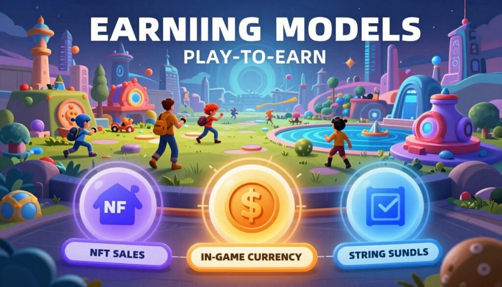 A visually engaging infographic illustrating the core earning models of Play-to-Earn (P2E) gaming. In the foreground, depict stylized icons representing different earning models like NFT sales, in-game currency, and staking, each surrounded by digital currency symbols. In the middle ground, include abstract visuals of vibrant gaming landscapes, merging elements from various genres like fantasy and sci-fi, with characters engaging in play. The background should feature a futuristic city skyline, hinting at a digital economy, under dynamic lighting that creates a vibrant and optimistic atmosphere. Use a slight fisheye lens effect to enhance the sense of depth, and ensure the overall mood conveys innovation and excitement in the gaming NFT space. A visually engaging infographic illustrating the core earning models of Play-to-Earn (P2E) gaming. In the foreground, depict stylized icons representing different earning models like NFT sales, in-game currency, and staking, each surrounded by digital currency symbols. In the middle ground, include abstract visuals of vibrant gaming landscapes, merging elements from various genres like fantasy and sci-fi, with characters engaging in play. The background should feature a futuristic city skyline, hinting at a digital economy, under dynamic lighting that creates a vibrant and optimistic atmosphere. Use a slight fisheye lens effect to enhance the sense of depth, and ensure the overall mood conveys innovation and excitement in the gaming NFT space.