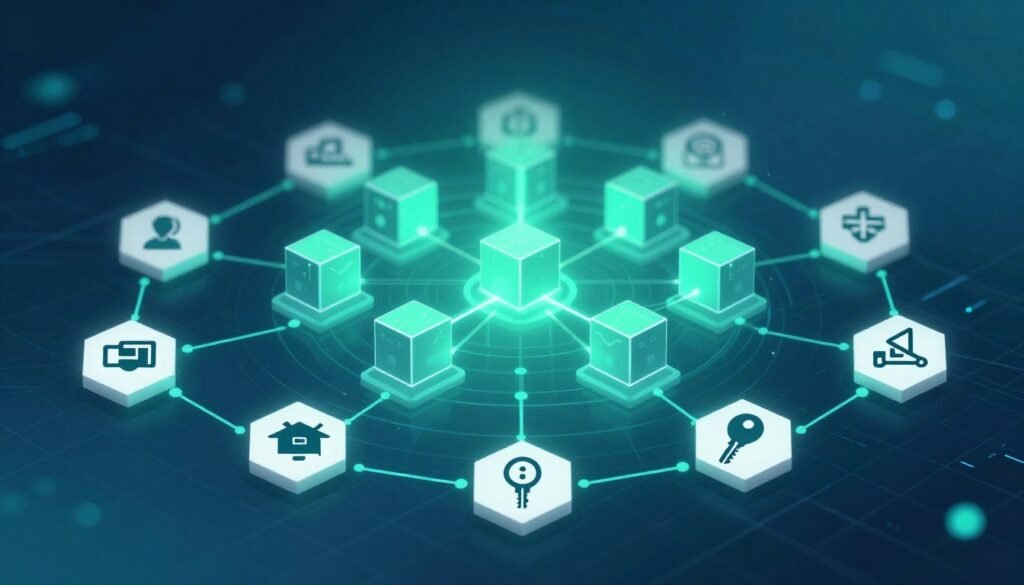 A visually engaging infographic illustrating the steps of blockchain technology. In the foreground, detailed icons representing nodes, chains, and digital keys are arranged in a flowchart format. The middle layer features a stylized depiction of a blockchain network, with blocks connected by glowing lines, indicating data transfer. The background shows a subtle grid pattern representing digital space, with soft, ambient blue and green lighting to evoke a sense of technology and innovation. The overall mood is informative and futuristic. The perspective is slightly elevated, capturing the complexity and interconnectedness of blockchain in a clear and concise manner. The image is free of any text, captions, or overlays.