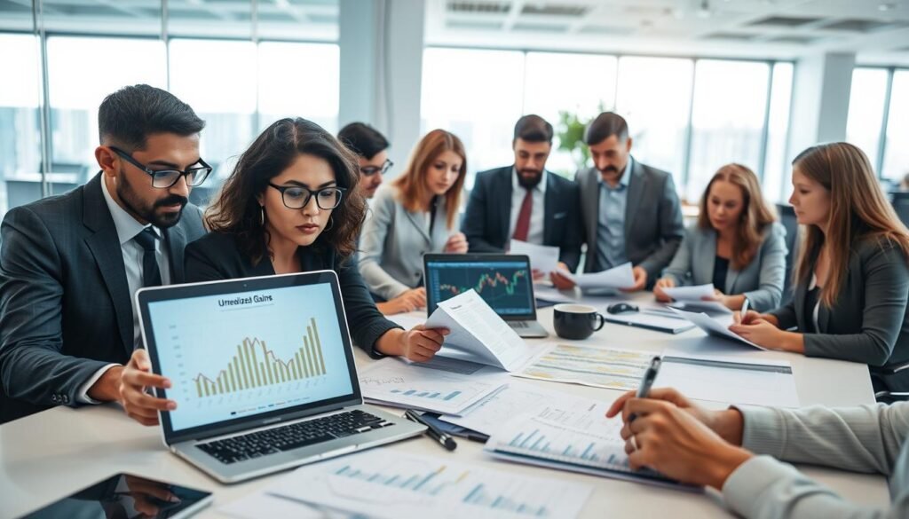A visually engaging office scene featuring a diverse group of professionals in business attire gathered around a table, analyzing various cryptocurrency charts and financial documents. In the foreground, one individual, a woman with glasses and a focused expression, points to a chart labeled "Unrealized Gains" on a laptop screen. The middle ground shows additional team members taking notes or discussing the implications of these financial concepts, with digital displays showing cryptocurrencies and their fluctuating values. The background features a modern office space with large windows allowing natural light to flood the area, creating a bright and productive atmosphere. The mood is serious yet collaborative, emphasizing the importance of understanding crypto taxes. The camera is angled slightly above eye level, providing a broad view of the interaction.