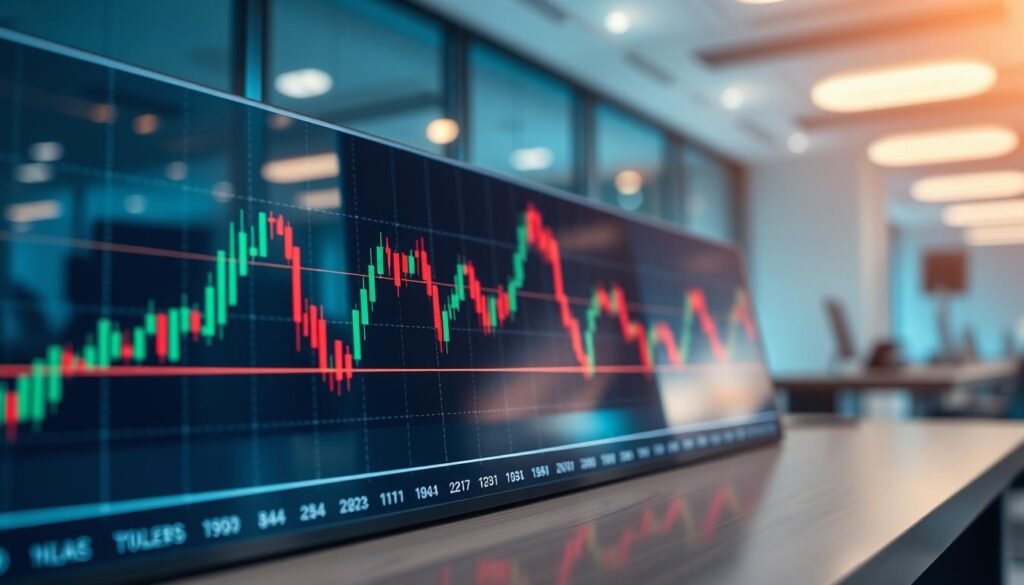 A visually engaging representation of a moving average on a financial chart, emphasizing the concept of dynamic trading levels. In the foreground, a sleek digital graph shows a clear line depicting the moving average, smoothly intersecting with fluctuating candlestick data. In the middle, detailed trendlines connect significant peaks and troughs, illustrating the concept of support and resistance levels vividly. In the background, a modern office environment with subtle ambient lighting creates a professional atmosphere, suggesting a serious approach to trading. The camera angle captures the graph at a slight tilt, emphasizing depth and importance. The mood should evoke a sense of clarity and focus, ideal for traders analyzing market trends.