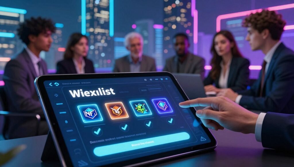 A visually engaging representation of an NFT project whitelist concept. In the foreground, showcase a sleek, digital tablet displaying a visually striking whitelist interface with glowing NFTs and checkmarks. The middle ground should feature diverse, professional individuals engaged in a discussion about strategies to gain whitelist access, dressed in smart business attire. In the background, illustrate a futuristic city skyline with vibrant neon lights, symbolizing the innovative nature of the NFT market. Use dynamic lighting to create a lively atmosphere, incorporating soft glows and reflections on the tablet while emphasizing a sense of urgency and excitement. Capture the mood of collaboration and opportunity in the rapidly evolving NFT landscape with a slightly angled perspective. A visually engaging representation of an NFT project whitelist concept. In the foreground, showcase a sleek, digital tablet displaying a visually striking whitelist interface with glowing NFTs and checkmarks. The middle ground should feature diverse, professional individuals engaged in a discussion about strategies to gain whitelist access, dressed in smart business attire. In the background, illustrate a futuristic city skyline with vibrant neon lights, symbolizing the innovative nature of the NFT market. Use dynamic lighting to create a lively atmosphere, incorporating soft glows and reflections on the tablet while emphasizing a sense of urgency and excitement. Capture the mood of collaboration and opportunity in the rapidly evolving NFT landscape with a slightly angled perspective.