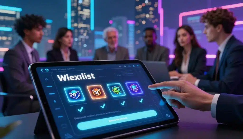 A visually engaging representation of an NFT project whitelist concept. In the foreground, showcase a sleek, digital tablet displaying a visually striking whitelist interface with glowing NFTs and checkmarks. The middle ground should feature diverse, professional individuals engaged in a discussion about strategies to gain whitelist access, dressed in smart business attire. In the background, illustrate a futuristic city skyline with vibrant neon lights, symbolizing the innovative nature of the NFT market. Use dynamic lighting to create a lively atmosphere, incorporating soft glows and reflections on the tablet while emphasizing a sense of urgency and excitement. Capture the mood of collaboration and opportunity in the rapidly evolving NFT landscape with a slightly angled perspective.
