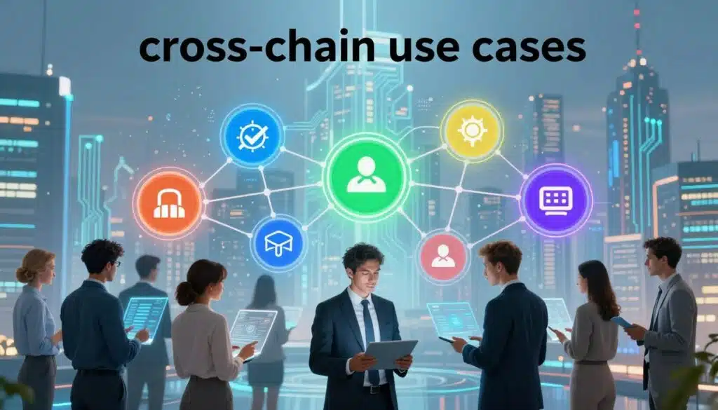 A visually engaging representation of "cross-chain use cases" in blockchain technology, featuring a futuristic digital landscape. In the foreground, depict a diverse group of professionals in business attire, collaborating and exchanging digital assets through holographic interfaces. In the middle ground, illustrate interconnected nodes symbolizing swaps, bridges, and contract calls, glowing with vibrant colors, showcasing data flow. The background should feature a skyline of a digital city, bathed in soft blue and green lighting, with circuit patterns woven through the architecture, creating a sense of advanced technology. Use a wide-angle lens perspective to enhance depth, evoking a sense of innovation and collaboration in the dynamic world of blockchain interoperability. Focus on a bright, optimistic atmosphere.