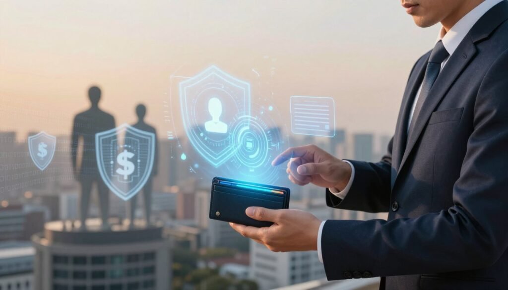 A visually engaging scene depicting the concept of "security and recovery" in a digital context. In the foreground, a professional-looking individual in business attire interacts with a futuristic digital wallet interface, displaying holographic security features such as a biometric scanner and smart contract icons. The middle ground features abstract representations of guardians in the form of protective digital shields and symbols of trust, while binary code flows around them. In the background, a serene tech-inspired landscape illuminated by soft, warm lighting, emphasizing a sense of safety and innovation. The atmosphere conveys a mood of confidence and reliability, captured with a wide-angle lens to offer depth and perspective in this high-tech environment.