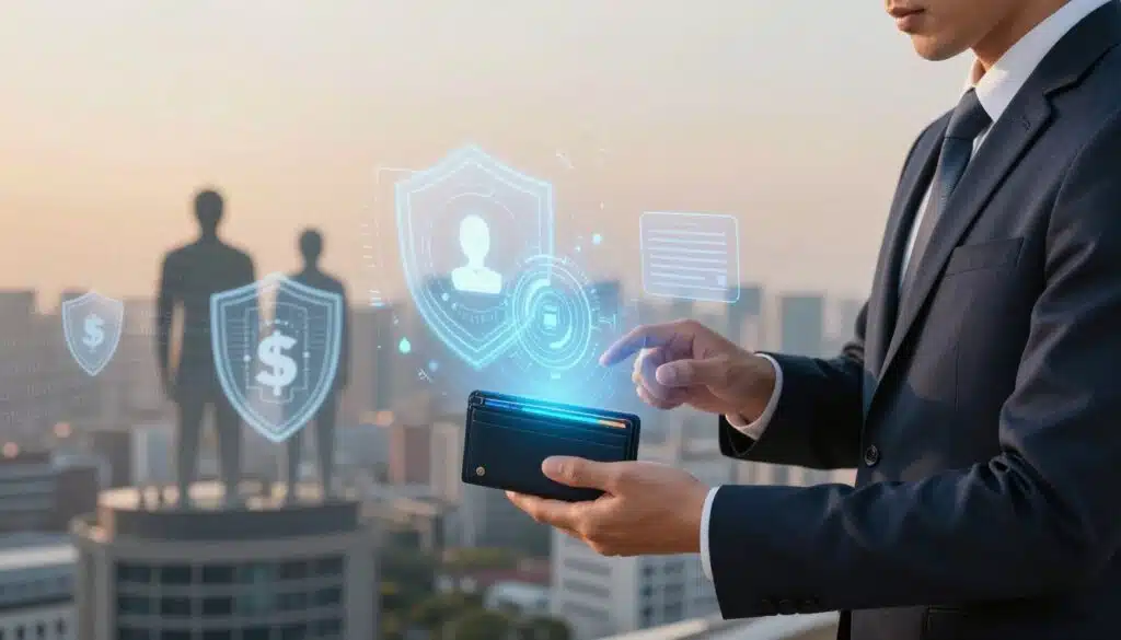 A visually engaging scene depicting the concept of "security and recovery" in a digital context. In the foreground, a professional-looking individual in business attire interacts with a futuristic digital wallet interface, displaying holographic security features such as a biometric scanner and smart contract icons. The middle ground features abstract representations of guardians in the form of protective digital shields and symbols of trust, while binary code flows around them. In the background, a serene tech-inspired landscape illuminated by soft, warm lighting, emphasizing a sense of safety and innovation. The atmosphere conveys a mood of confidence and reliability, captured with a wide-angle lens to offer depth and perspective in this high-tech environment. A visually engaging scene depicting the concept of "security and recovery" in a digital context. In the foreground, a professional-looking individual in business attire interacts with a futuristic digital wallet interface, displaying holographic security features such as a biometric scanner and smart contract icons. The middle ground features abstract representations of guardians in the form of protective digital shields and symbols of trust, while binary code flows around them. In the background, a serene tech-inspired landscape illuminated by soft, warm lighting, emphasizing a sense of safety and innovation. The atmosphere conveys a mood of confidence and reliability, captured with a wide-angle lens to offer depth and perspective in this high-tech environment.