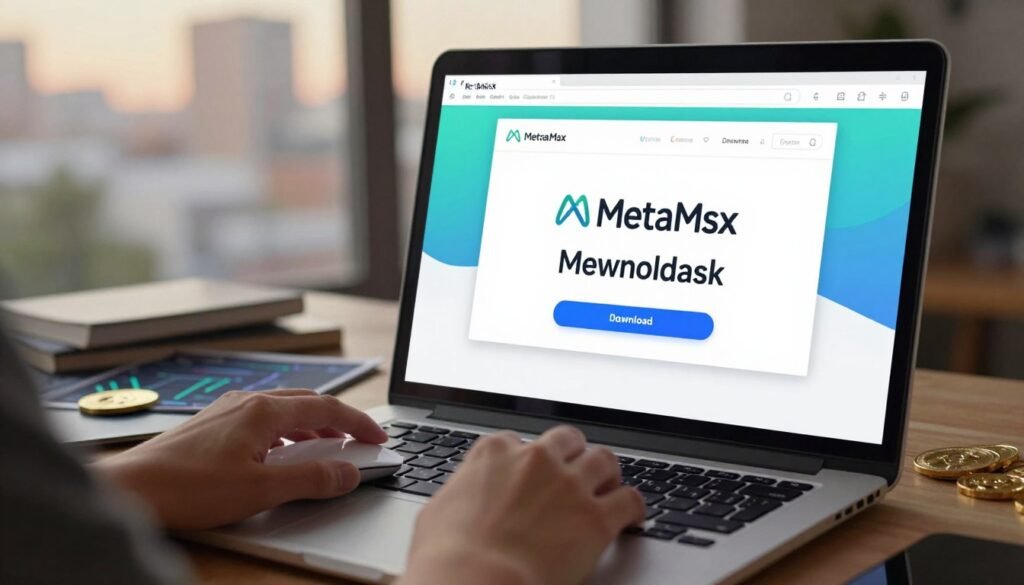A visually engaging scene depicting the process of downloading MetaMask, focused on a sleek, modern computer screen showing the MetaMask logo vividly. In the foreground, emphasize a user’s hands using a mouse, skillfully navigating the browser with a vibrant download button highlighted. The middle ground consists of a desktop cluttered with cryptocurrency-related items, like charts and tokens, to illustrate the digital finance theme. In the background, a soft-focus cityscape can be seen through a window, conveying a sense of innovation and technology. Use warm, inviting lighting to create a welcoming atmosphere, with a slightly angled view to add depth. The overall mood should feel modern, informative, and friendly, encouraging viewers to dive into the digital wallet experience.