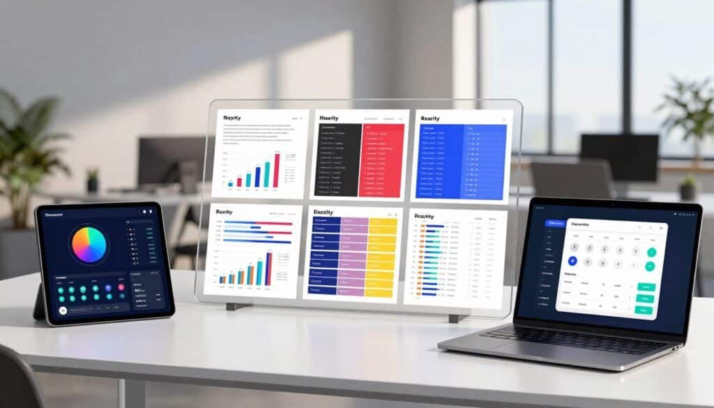 A visually engaging workspace showcasing an array of NFT rarity tools. In the foreground, feature sleek digital devices like a tablet displaying vibrant charts and data, alongside a laptop with an interactive rarity calculator. The middle layer includes a neatly organized desk with printed reports, colorful graphs, and rarity rankings specific to various NFT collections, each distinctly labeled. The background shows a modern office setting with large windows and soft natural light streaming in, casting gentle shadows. The atmosphere is professional yet creative, emphasizing innovation and analytical thinking. Use a wide-angle perspective to create depth, ensuring a clean and polished finish to the overall image, devoid of any text or logos. A visually engaging workspace showcasing an array of NFT rarity tools. In the foreground, feature sleek digital devices like a tablet displaying vibrant charts and data, alongside a laptop with an interactive rarity calculator. The middle layer includes a neatly organized desk with printed reports, colorful graphs, and rarity rankings specific to various NFT collections, each distinctly labeled. The background shows a modern office setting with large windows and soft natural light streaming in, casting gentle shadows. The atmosphere is professional yet creative, emphasizing innovation and analytical thinking. Use a wide-angle perspective to create depth, ensuring a clean and polished finish to the overall image, devoid of any text or logos.