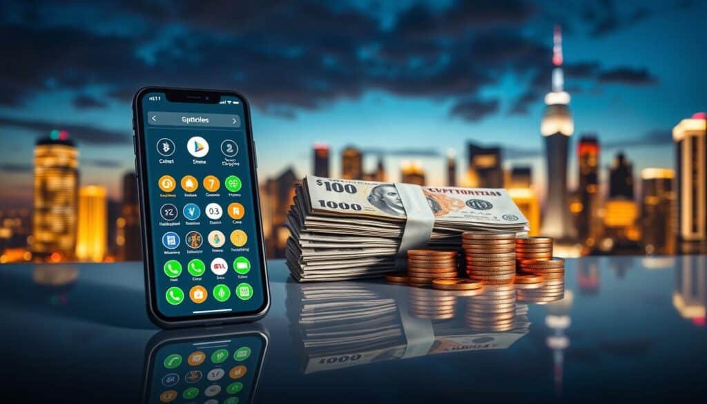 A visually striking and informative composition illustrating the core differences between cryptocurrency and traditional fiat currency. In the foreground, feature a sleek, modern smartphone displaying a cryptocurrency wallet interface, glowing with bright, graphic icons and digital currency symbols. In the middle, juxtapose a stack of traditional banknotes and coins, artfully arranged on a polished surface with soft reflections, symbolizing stability and heritage. The background should depict a dynamic city skyline at dusk, with vibrant lights illuminating the buildings, reflecting the innovation of cryptocurrency. Use dramatic lighting to create contrast between the digital and traditional elements, capturing the excitement and forward-thinking nature of cryptocurrencies versus the established norm of fiat currency, presenting an atmosphere of progress and change.