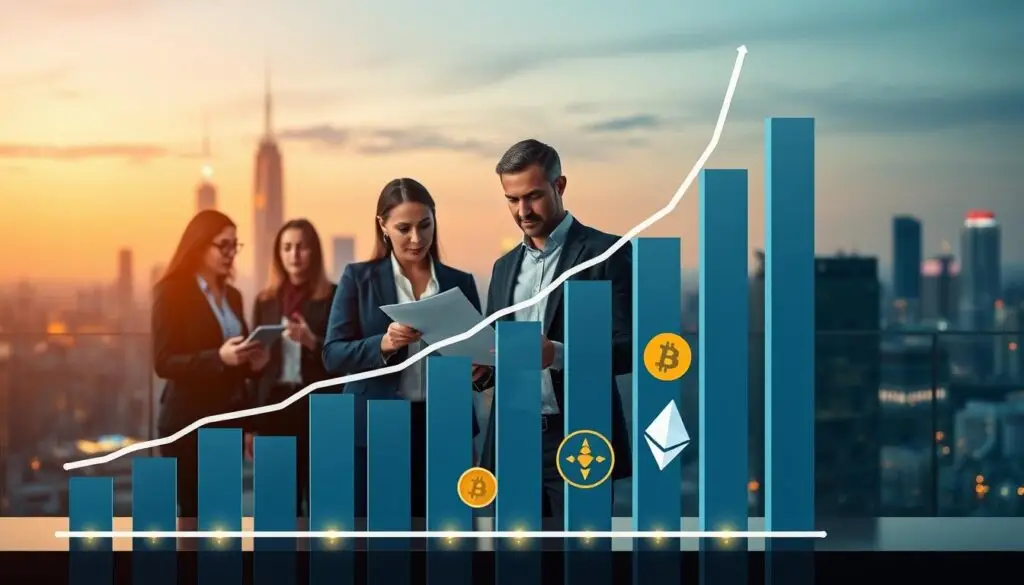 A visually striking and informative representation of “capital gains” in the context of cryptocurrency taxation in the United States. In the foreground, a stylized graph showcasing rising capital gains, with clear upward trends and modern digital currency symbols like Bitcoin and Ethereum integrated into the bars of the graph. The middle layer features a diverse group of professionals in business attire analyzing financial documents and digital devices, discussing strategies. In the background, a city skyline at dusk, illuminated by soft golden and blue lights, representing a vibrant economic landscape. The overall mood is focused and analytical, with warm lighting creating an inviting atmosphere. Shot from a slightly elevated angle to capture both the professionals and the graph prominently, emphasizing clarity and engagement.