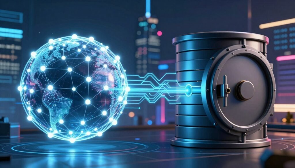 A visually striking comparison of blockchain technology and traditional databases. In the foreground, two distinct spheres: one representing blockchain, featuring interlocking digital chains with glowing nodes, symbolizing decentralization and security; the other representing a traditional database, depicted as a locked vault with solid walls and single access point, signifying centralization and control. In the middle ground, data streams and connections intertwine between the two spheres, illustrating the flow of information. The background should have a futuristic cityscape, blending technology and data visualization, with bright neon lights and circuit patterns. Use dramatic lighting to highlight the blockchain sphere, casting shadows on the traditional database. The mood is analytical and futuristic, encouraging viewers to reflect on the differences in data management paradigms.