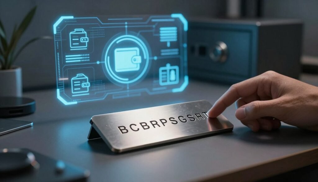 A visually striking composition depicting a secure seed phrase for a crypto wallet recovery. In the foreground, a person's hand is poised over a sleek, modern metal plate engraved with a series of alphanumeric characters, symbolizing the security phrase. The middle ground features a softly glowing digital interface displaying wallet icons and blockchain graphics, representing the digital currency ecosystem. In the background, there is a dimly lit room with a safe and scattered tech gadgets that enhance the atmosphere of security and privacy. Soft, ambient lighting emphasizes the importance of the seed phrase, evoking a sense of trust and reliability. The scene captures a blend of technology and personal responsibility, inviting viewers to consider safeguarding their assets.