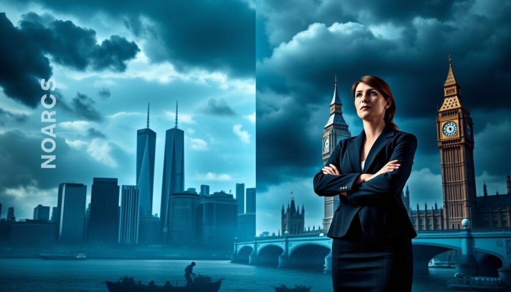 A visually striking composition illustrating jurisdictional challenges in financial regulation, featuring contrasting elements representing the United States and the Financial Conduct Authority in the U.K. In the foreground, a confident businesswoman in professional attire stands with crossed arms, symbolizing leadership in a regulatory environment. The middle ground features a split scene: on the left, a skyline of New York symbolizing U.S. finance, and on the right, the iconic London skyline with the Gherkin and Big Ben, representing U.K. oversight. In the background, clouds gather ominously, suggesting uncertainty and challenges in regulation. The lighting is dramatic, with a cool blue and gray color palette enhancing the mood of tension and complexity. The angle is slightly elevated, providing a panoramic view that captures the scope of jurisdictional challenges across these regions.