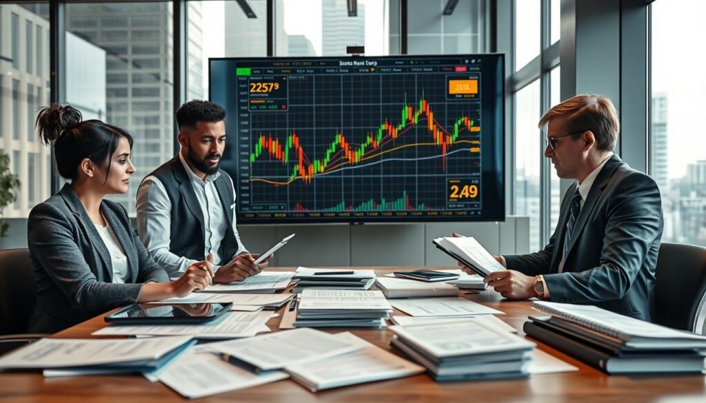 A visually striking composition illustrating the concept of securities regulations in a professional setting. In the foreground, a diverse group of three professionals in business attire discuss over a table strewn with papers and digital tablets displaying stock charts and legal documents. In the middle ground, a large screen shows a digital representation of a financial market with graphs indicating volatility, symbolizing Bitcoin and cryptocurrency trends. The background features a modern office environment with cityscape windows that capture a soft, diffused daylight, creating a blend of transparency and complexity. The atmosphere is serious yet dynamic, capturing the urgency of compliance and the evolving regulatory landscape surrounding Binance. Use a balanced composition with a slight depth of field to highlight the professionals while keeping the market visuals in focus, emphasizing clarity and professionalism.