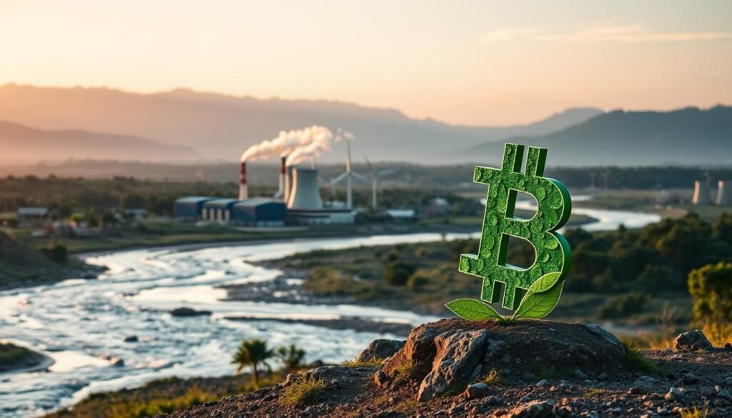 A visually striking depiction of the environmental footprint of bitcoin, featuring in the foreground a symbolic, stylized bitcoin logo made of green leaves and energy-efficient elements. In the middle, illustrate geothermal plants with smokestacks emitting clean steam set against a backdrop of renewable energy sources like solar panels and wind turbines. In the background, a tranquil landscape with a flowing river and distant mountains, emphasizing the natural beauty of El Salvador. Soft, warm lighting enhances the scene, creating a hopeful atmosphere about sustainability and innovation. Use a wide-angle perspective to capture the breadth of the landscape, ensuring that the image embodies a harmonious balance between technology and nature.