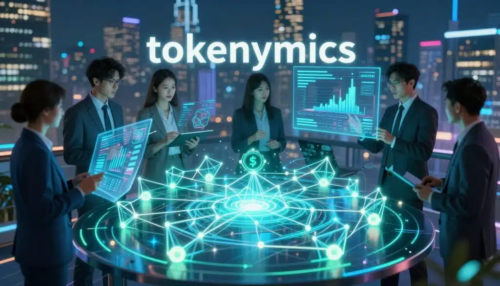 A visually striking depiction of "tokenomics" for AI agents, focusing on digital currency concepts. In the foreground, a futuristic blockchain structure made of glowing hexagonal nodes interconnected with vibrant lines, showcasing the flow of transactions. The middle ground features diverse professionals in smart business attire, analyzing data on holographic screens and discussing tokenomics strategies. In the background, a bustling city skyline is illuminated by neon lights, symbolizing the technological advancement and economic potential of AI tokens. Soft bluish and green lighting casts a high-tech atmosphere, with a slight focus on the blockchain to emphasize its importance. Capture this scene from a slightly elevated angle to provide depth and clarity, reflecting innovation and collaboration in the world of crypto.