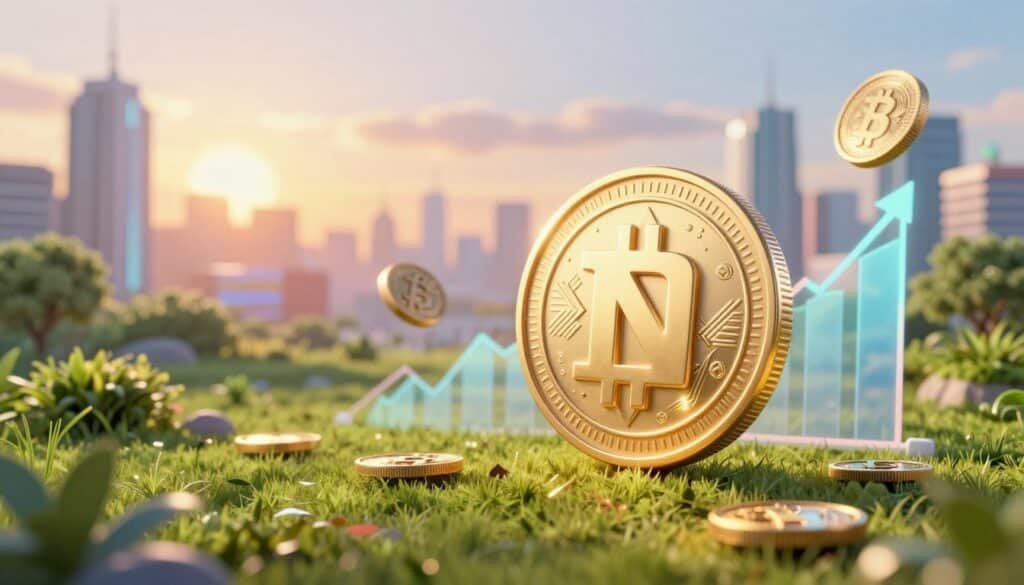 A visually striking digital artwork depicting the concept of passive income through NFT staking. In the foreground, an elegant, glowing NFT token with intricate designs symbolizes wealth and growth. Surrounding it, stylized graphs and coins float gently to suggest increasing income and portfolio expansion. The middle ground features a serene virtual landscape filled with lush, vibrant greenery, representing prosperity and financial success. In the background, a soft-focus skyline of futuristic buildings glows under a radiant sunset, adding a hopeful and aspirational ambiance. The lighting highlights the NFT and its surroundings, casting gentle reflections and creating a professional yet inviting atmosphere. The overall mood conveys optimism, financial freedom, and innovation in the world of NFTs.