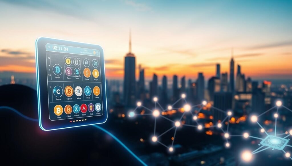 A visually striking digital landscape showcasing a representation of digital assets in a crypto context. In the foreground, a sleek, futuristic digital wallet interface displaying various cryptocurrencies and tokens, illuminated with a soft, blue glow. The middle ground features abstract, stylized coins and blockchain nodes interconnected by glowing lines, symbolizing the flow of digital transactions. The background presents a city skyline at dusk, with skyscrapers subtly integrated with circuit-like patterns, under a sky transitioning from warm orange to deep blue. The scene is infused with a professional and innovative mood, enhanced by dynamic lighting that highlights the digital elements, creating a sense of depth and technology-centric energy.