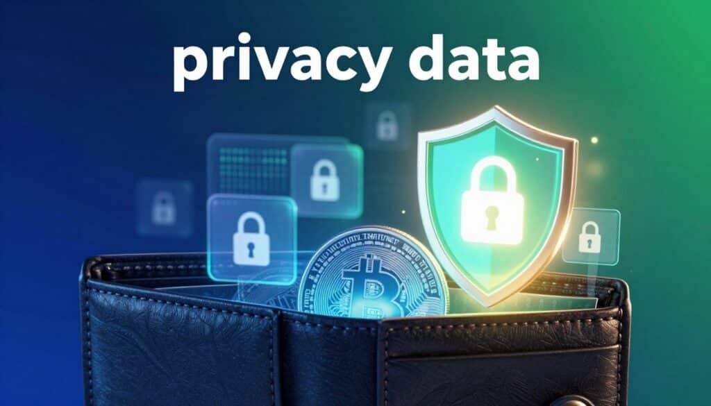 A visually striking digital representation of "privacy data" within the context of a non-custodial wallet. In the foreground, a sleek, modern wallet, partially open, revealing vibrant digital icons representing cryptocurrencies, securely intertwined with a glowing shield symbolizing data protection. In the middle ground, subtle holographic images of locks and binary code float, emphasizing the theme of data privacy. The background features a gradient of deep blue and green tones, signifying security and technology, with soft, diffused lighting casting a warm glow over the entire scene. The atmosphere conveys a sense of security, sophistication, and technological advancement, inviting the viewer to consider the importance of privacy in digital finance.