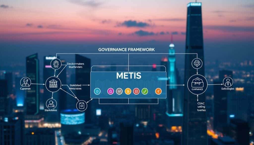 A visually striking governance framework diagram depicting a decentralized autonomous organization (DAO). In the foreground, a stylized representation of interconnected nodes symbolizing roles within the DAC framework, including decision-makers, stakeholders, and community members, all rendered as sleek, futuristic icons. The middle layer features a digital ledger, illustrating the METIS tokenomics flow, with vibrant colors showcasing tokens circulating between different participants. The background is a high-tech city skyline at dusk, bathed in soft blue and purple lighting, depicting innovation and collaboration. The overall mood is professional and optimistic, conveying the synergy of governance and technology in a decentralized ecosystem, shot with a wide-angle lens to emphasize depth and perspective. A visually striking governance framework diagram depicting a decentralized autonomous organization (DAO). In the foreground, a stylized representation of interconnected nodes symbolizing roles within the DAC framework, including decision-makers, stakeholders, and community members, all rendered as sleek, futuristic icons. The middle layer features a digital ledger, illustrating the METIS tokenomics flow, with vibrant colors showcasing tokens circulating between different participants. The background is a high-tech city skyline at dusk, bathed in soft blue and purple lighting, depicting innovation and collaboration. The overall mood is professional and optimistic, conveying the synergy of governance and technology in a decentralized ecosystem, shot with a wide-angle lens to emphasize depth and perspective.