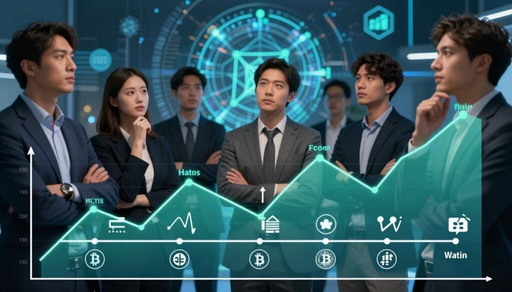 A visually striking illustration depicting major crypto market cycles. In the foreground, a stylized graph with sharp peaks and valleys represents significant price fluctuations, overlaying detailed icons symbolizing key events, like Bitcoin's halving and regulatory changes. The middle section captures diverse investors observing the graph, dressed in professional business attire, their expressions reflecting curiosity and contemplation. In the background, an abstract digital representation of blockchain technology and cryptocurrency logos creates a dynamic atmosphere. Soft, ambient lighting highlights the investors and the graph, while a cool color palette of blues and greens conveys an analytical vibe. Use a medium focal length to capture depth, ensuring clarity and focus on the graph and investors, fostering an informative yet engaging mood. A visually striking illustration depicting major crypto market cycles. In the foreground, a stylized graph with sharp peaks and valleys represents significant price fluctuations, overlaying detailed icons symbolizing key events, like Bitcoin's halving and regulatory changes. The middle section captures diverse investors observing the graph, dressed in professional business attire, their expressions reflecting curiosity and contemplation. In the background, an abstract digital representation of blockchain technology and cryptocurrency logos creates a dynamic atmosphere. Soft, ambient lighting highlights the investors and the graph, while a cool color palette of blues and greens conveys an analytical vibe. Use a medium focal length to capture depth, ensuring clarity and focus on the graph and investors, fostering an informative yet engaging mood.