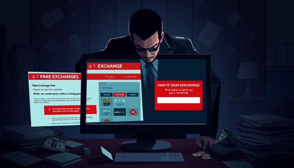 A visually striking illustration depicting the common characteristics of fraudulent crypto exchanges. In the foreground, a computer screen displays a fake exchange interface with exaggerated red flags, like unusual fees and fake testimonials. In the middle, a shadowy figure in a business suit leans over the screen, their face obscured, symbolizing deceit. Surrounding them are symbols of lost money, like crumpled dollar bills and broken cryptocurrencies. The background features a dimly lit room with scattered papers and eerie shadows, creating a sense of unease and tension. Use dramatic lighting to highlight the screen while casting dark shadows, evoking a mood of warning and suspicion, reminiscent of a thriller. The image should not contain any text or branding elements.