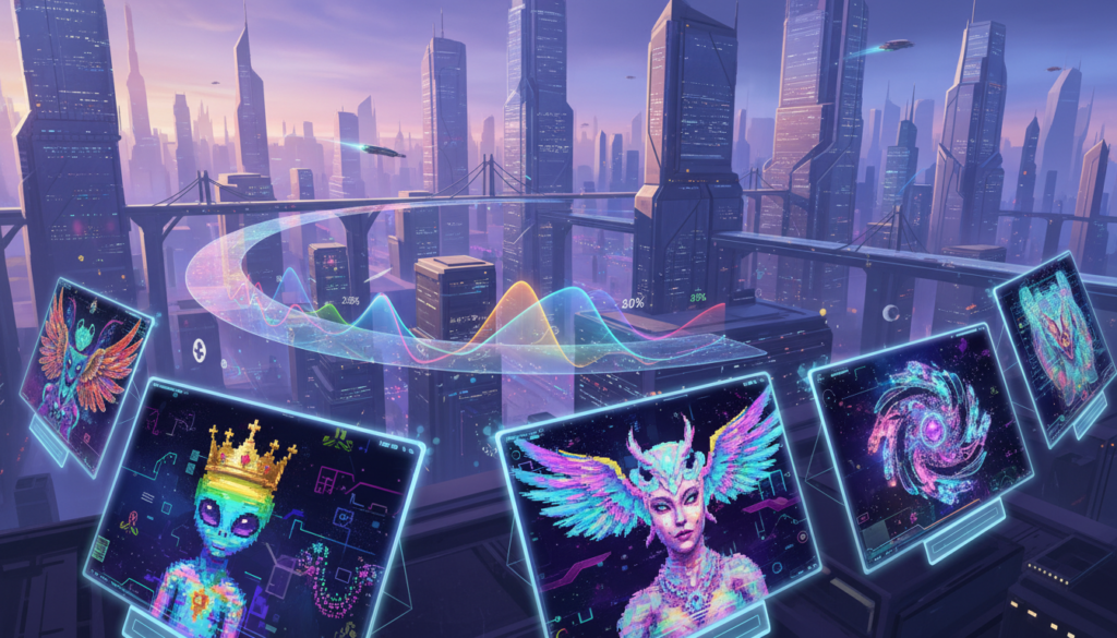 A visually striking illustration depicting the concept of NFT rarity. In the foreground, showcase an array of digital art pieces displayed on vibrant, glowing screens, each piece exhibiting unique traits and characteristics that highlight their rarity. In the middle ground, include an abstract representation of a rarity chart with colorful gradients, symbolizing floor prices and their fluctuations. The background should feature a stylized, futuristic cityscape with ethereal lighting, creating a digital marketplace vibe. Utilize soft, diffused lighting to enhance the overall atmosphere, and a slightly elevated angle to provide depth to the scene. The mood should be dynamic and modern, embodying the excitement of the NFT trading world. A visually striking illustration depicting the concept of NFT rarity. In the foreground, showcase an array of digital art pieces displayed on vibrant, glowing screens, each piece exhibiting unique traits and characteristics that highlight their rarity. In the middle ground, include an abstract representation of a rarity chart with colorful gradients, symbolizing floor prices and their fluctuations. The background should feature a stylized, futuristic cityscape with ethereal lighting, creating a digital marketplace vibe. Utilize soft, diffused lighting to enhance the overall atmosphere, and a slightly elevated angle to provide depth to the scene. The mood should be dynamic and modern, embodying the excitement of the NFT trading world.