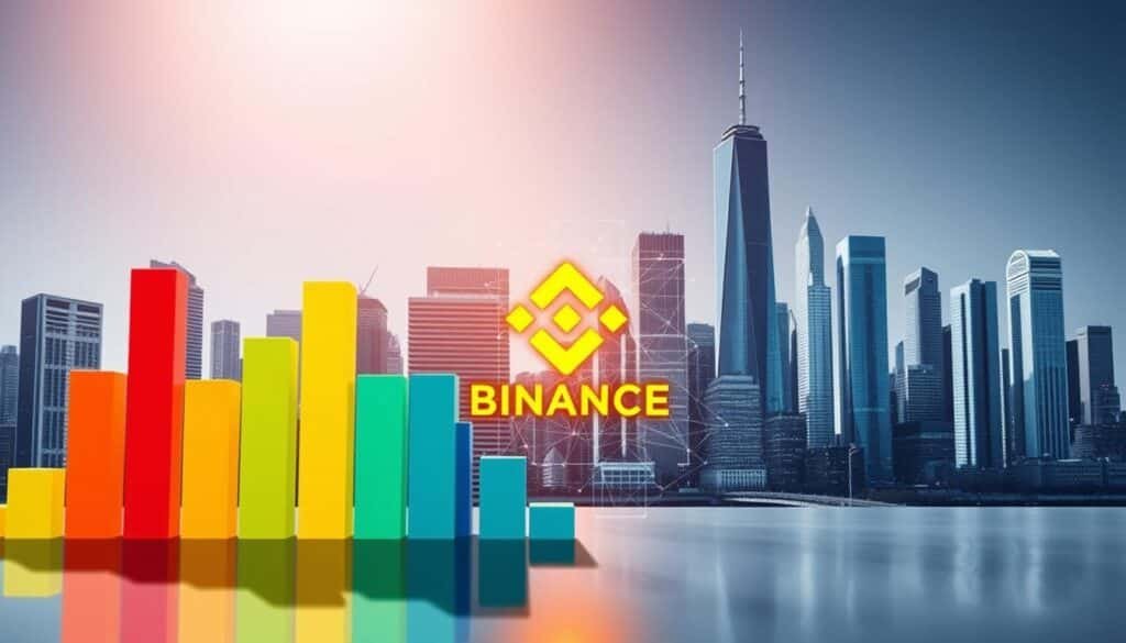 A visually striking illustration depicting the concept of "trading volume" in the context of cryptocurrency exchanges. In the foreground, a dynamic graph showing fluctuating trading volume bars, with some bars highlighted in vibrant colors to represent increased activity. In the middle ground, an abstract representation of Binance’s logo subtly integrated into a digital network, symbolizing its dominance in the market. In the background, a stylized city skyline made up of pixelated skyscrapers, conveying a sense of technological advancement. The lighting is bright and futuristic, casting soft shadows to enhance the depth of the image. The atmosphere is one of tension yet opportunity, embodying the complexities of market structure and risk associated with exchange dominance. The overall composition is clean, professional, and visually engaging, ensuring it attracts readers' attention effectively.