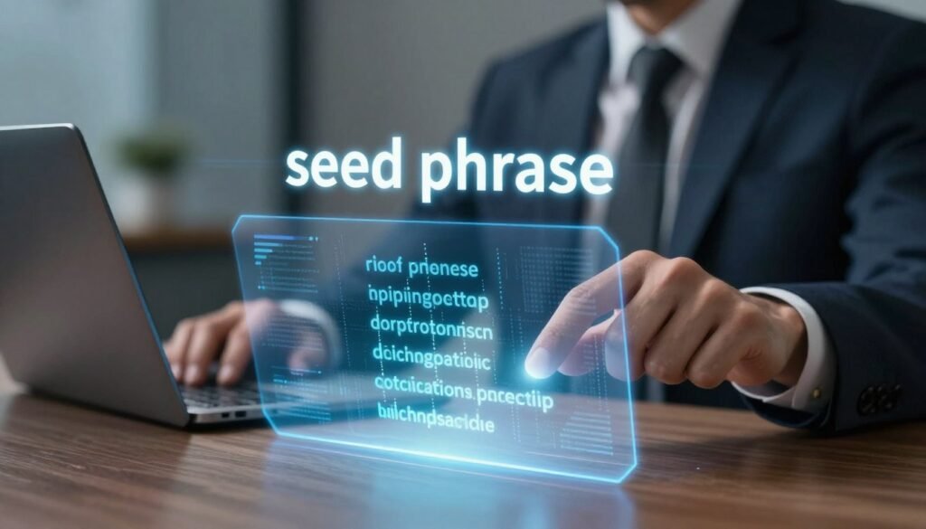 A visually striking illustration of a digital "seed phrase," set against a sleek, modern cryptocurrency wallet interface. In the foreground, a glowing holographic display shows a series of cryptographic words arranged in an elegant manner, highlighting their importance. In the middle ground, a hand in professional business attire delicately taps the holographic interface, demonstrating interaction with the wallet. The background features a blurred, digital-themed workspace, with abstract data visuals and soft, ambient lighting that evokes a sense of security and innovation. The overall mood is professional and forward-thinking, capturing the essence of cryptocurrency security without any text or distracting elements. Use a shallow depth of field to focus on the seed phrase, creating a captivating and informative visual.