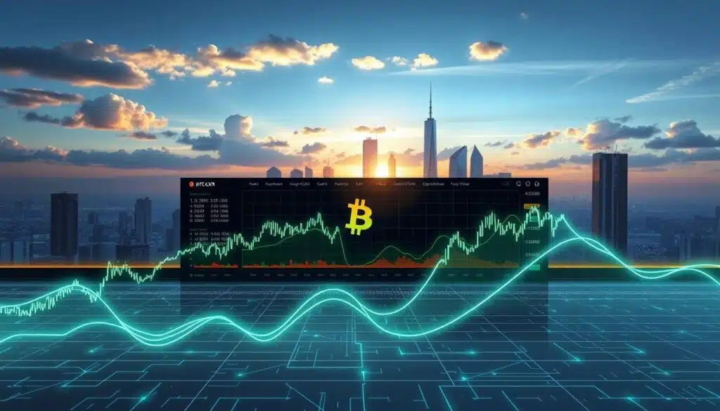 A visually striking illustration of a long-term Bitcoin indicator framework, centered prominently in the foreground, showcasing a stylized line graph with rising and falling trends. The middle ground features a digital dashboard with detailed data points, moving averages, and candlestick charts, all bathed in a soft blue and green glow. The background includes a futuristic city skyline with clouds reflecting the light of a sunset, creating an atmosphere of innovation and optimism in the crypto world. The image should have a dynamic yet professional feel, captured from a slightly elevated angle with a wide lens, emphasizing clarity and structure while ensuring that there are no people or text present, allowing the focus to remain solely on the indicators and the vibrant techno-inspired environment.