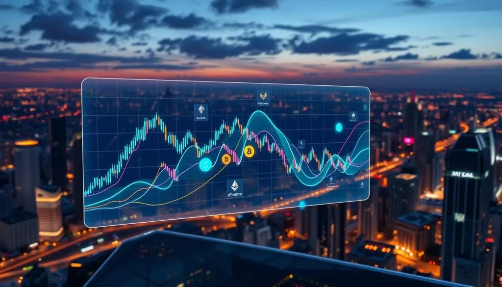 A visually striking illustration of the New Elliott Wave Principle applied to contemporary crypto markets. In the foreground, a sleek digital chart showing Elliott Wave patterns, with distinct upward and downward waves, superimposed on a futuristic, stylized crypto trading interface. The middle layer features elements like candlestick graphs and glowing crypto symbols, such as Bitcoin and Ethereum, interwoven with vibrant lines representing market trends. The background reveals a panoramic view of a bustling city skyline at dusk, with neon lights reflecting the energy and innovation of the crypto world. Soft ambient lighting highlights the charts, creating a modern, tech-savvy atmosphere. The overall mood is dynamic and optimistic, showcasing the evolution of trading strategies in a digital age. A visually striking illustration of the New Elliott Wave Principle applied to contemporary crypto markets. In the foreground, a sleek digital chart showing Elliott Wave patterns, with distinct upward and downward waves, superimposed on a futuristic, stylized crypto trading interface. The middle layer features elements like candlestick graphs and glowing crypto symbols, such as Bitcoin and Ethereum, interwoven with vibrant lines representing market trends. The background reveals a panoramic view of a bustling city skyline at dusk, with neon lights reflecting the energy and innovation of the crypto world. Soft ambient lighting highlights the charts, creating a modern, tech-savvy atmosphere. The overall mood is dynamic and optimistic, showcasing the evolution of trading strategies in a digital age.
