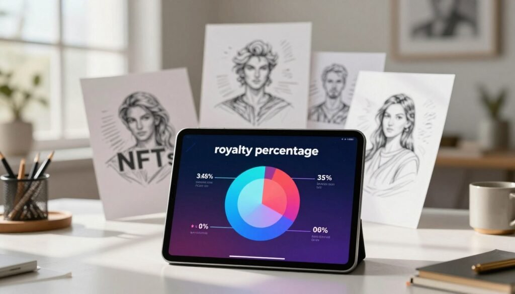 A visually striking illustration representing the concept of "royalty percentage" in the context of NFTs. In the foreground, a digital tablet displays vibrant NFT artwork, with a pie chart overlay indicating royalty percentages. The middle ground features artistic sketches of various digital art styles, symbolizing creativity and innovation. The background is a blurred, elegant workspace with sophisticated decor, enhancing a professional atmosphere. Natural light streams through a large window, casting soft shadows and highlighting the textures of the artwork. The scene conveys an inspiring and optimistic mood, emphasizing how artists can thrive financially through strategic royalty percentages. The composition is well-balanced, inviting viewers to engage with the topic effortlessly. A visually striking illustration representing the concept of "royalty percentage" in the context of NFTs. In the foreground, a digital tablet displays vibrant NFT artwork, with a pie chart overlay indicating royalty percentages. The middle ground features artistic sketches of various digital art styles, symbolizing creativity and innovation. The background is a blurred, elegant workspace with sophisticated decor, enhancing a professional atmosphere. Natural light streams through a large window, casting soft shadows and highlighting the textures of the artwork. The scene conveys an inspiring and optimistic mood, emphasizing how artists can thrive financially through strategic royalty percentages. The composition is well-balanced, inviting viewers to engage with the topic effortlessly.