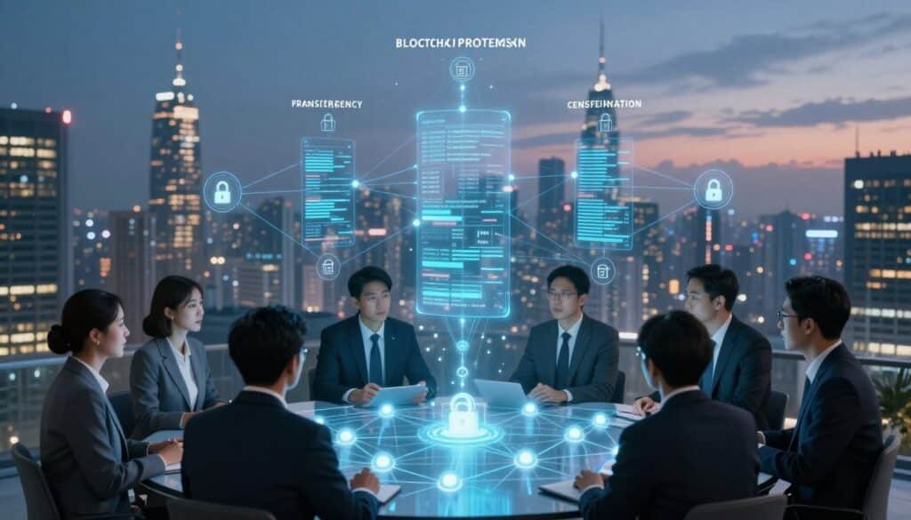 A visually striking illustration representing the core properties of blockchain consensus protocols. In the foreground, depict a diverse group of professionals in business attire, engaged in a deep discussion, analyzing interconnected nodes on a digital interface displaying a blockchain network. In the middle ground, visualize transparent layers of digital data flowing between nodes, symbolizing transparency, security, and decentralization of the network. The background should feature a sleek, futuristic cityscape at twilight, illuminated by soft, ambient lights to create an atmosphere of innovation and advanced technology. Use a wide-angle perspective to capture the depth of the scene, while soft focus on the edges enhances the central discussion. The overall mood should evoke collaboration and the harmony of ideas within blockchain technology.