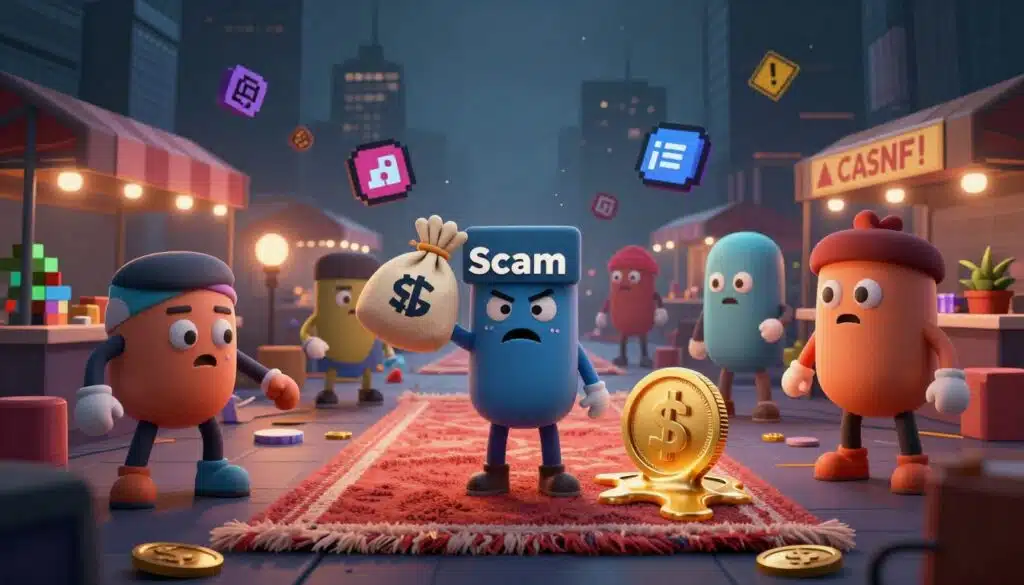 A visually striking illustration showcasing various types of rug pulls in the NFT space. In the foreground, depict a group of stylized cartoonish characters, each representing different types of rug pulls - one with a bag labeled 'Scam' being held up by a nervous artist, another depicting a melting digital coin. In the middle, show a chaotic marketplace with pixelated tokens and NFTs atmospheric, hinting at deception and uncertainty. The background features a darkened city skyline, shrouded in mist with warning signs about scams. Use dramatic lighting with a mix of cool and warm tones to create tension, and a slightly tilted angle for a dynamic feel. Aim for an overall mood of caution and intrigue, inviting viewers to explore the dangers of the NFT world.