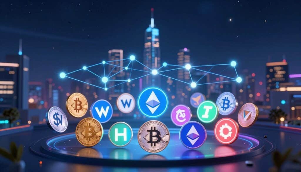 A visually striking image depicting a digital landscape showcasing various cryptocurrencies and tokens. In the foreground, a well-organized collection of popular coin logos, including Bitcoin, Ethereum, and others, floating in a holographic display, illuminated with vibrant neon colors. The middle ground features interconnected blockchain networks depicted as glowing lines and nodes, symbolizing the connections between different tokens and NFTs. The background displays a futuristic city skyline under a deep, starry night sky, casting a technological yet inviting ambiance. Use soft light with a slight lens flare effect to enhance the digital theme. The overall atmosphere should feel secure and innovative, reflecting trust and modernity in cryptocurrency.