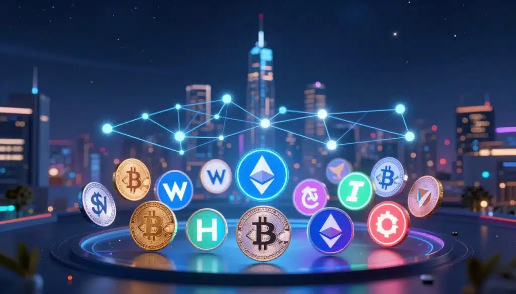 A visually striking image depicting a digital landscape showcasing various cryptocurrencies and tokens. In the foreground, a well-organized collection of popular coin logos, including Bitcoin, Ethereum, and others, floating in a holographic display, illuminated with vibrant neon colors. The middle ground features interconnected blockchain networks depicted as glowing lines and nodes, symbolizing the connections between different tokens and NFTs. The background displays a futuristic city skyline under a deep, starry night sky, casting a technological yet inviting ambiance. Use soft light with a slight lens flare effect to enhance the digital theme. The overall atmosphere should feel secure and innovative, reflecting trust and modernity in cryptocurrency.