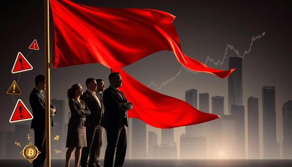 A visually striking image illustrating a collection of "red flags" associated with crypto rug pulls. In the foreground, prominently feature a vibrant red flag, symbolizing caution, alongside various warning symbols like an exclamation mark and a broken chain. In the middle ground, depict a diverse group of individuals in business attire, examining a chart with fluctuating cryptocurrency values, expressing concern and skepticism. The background should feature shadowy silhouettes of skyscrapers, hinting at the financial world. Use dramatic lighting to create tension, with the central flag illuminated and casting long shadows. The overall mood should be one of urgency and vigilance, capturing the essence of investing wisely in the crypto space.