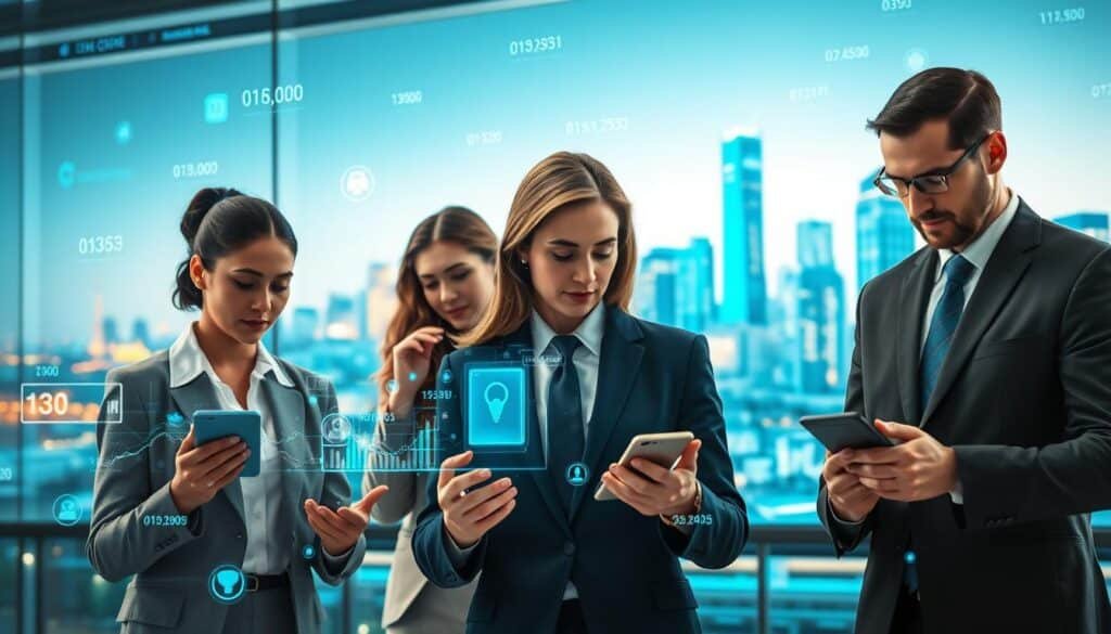 A visually striking image representing privacy data protection within the context of Central Bank Digital Currencies. In the foreground, a diverse group of professionals in business attire interacts thoughtfully with digital devices, showcasing data streams and encrypted codes visually hovering around them. In the middle, a modern, high-tech workspace with holographic displays and futuristic graphs represents the dynamic and evolving landscape of digital finance. In the background, an abstract city skyline illuminated by soft neon lights symbolizes progress and innovation. The lighting is bright yet balanced, evoking a sense of optimism and professionalism, with a cool color palette of blues and greens to highlight themes of trust and security. The mood should be focused and forward-thinking, reflecting the careful consideration of risks and safeguards in the digital economy.