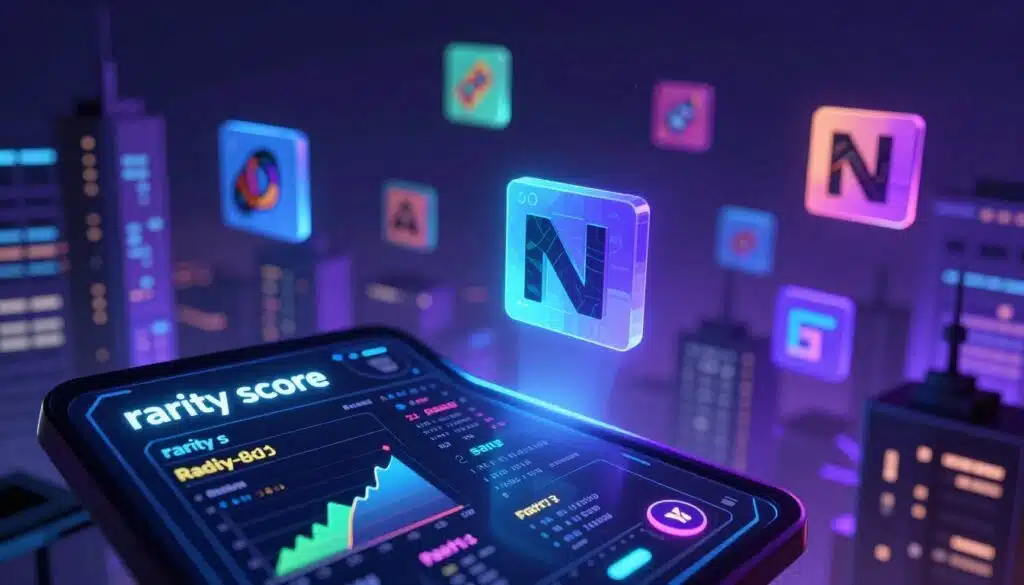 A visually striking image representing "rarity score" in the context of NFTs. In the foreground, a sleek, futuristic digital interface displays various rarity scores with colorful graphs and metrics, glowing softly against a dark background. In the middle ground, abstract representations of digital art pieces float, each radiating unique colors and patterns, symbolizing their rarity. In the background, a subtle cityscape of pixelated skyscrapers, softly illuminated, creates a tech-inspired atmosphere. The lighting emphasizes the digital elements, casting a cool blue and purple hue throughout, evoking a sense of innovation and excitement. A dynamic, high-angle perspective captures the complexity and depth of the NFT world without any human subjects or text, maintaining a professional aura suitable for an analytical article on NFT rarity.