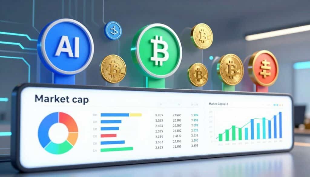 A visually striking infographic showcasing AI crypto coins ranked by market cap. In the foreground, a clean and modern digital display presents colorful pie charts, bar graphs, and numerical data, illustrating various market cap sizes. The middle layer features stylized icons representing each cryptocurrency, blending a futuristic design with vibrant colors like blue, green, and gold. The background is a sleek, abstract tech-inspired environment, with soft glowing lines and circuit-like patterns, creating a sense of depth. Lighting is bright but balanced, capturing attention without overwhelming the visuals. The overall mood is professional and informative, embodying a cutting-edge financial atmosphere, suitable for an analytical article.